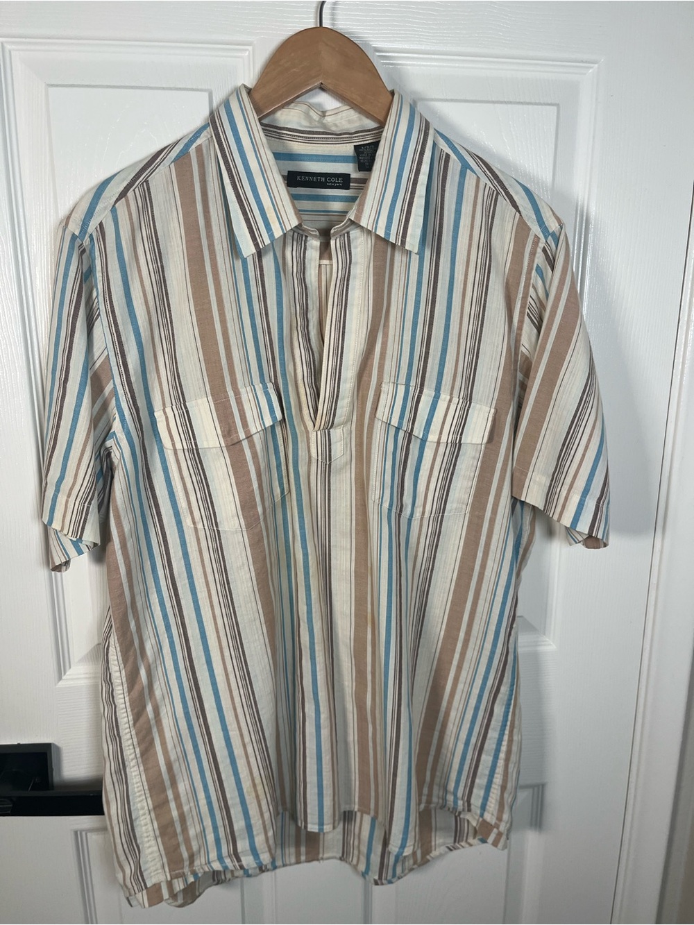 Kenneth Cole Short Sleeve Shirt in Beige, Blue and Brown - Picture 2 of 5